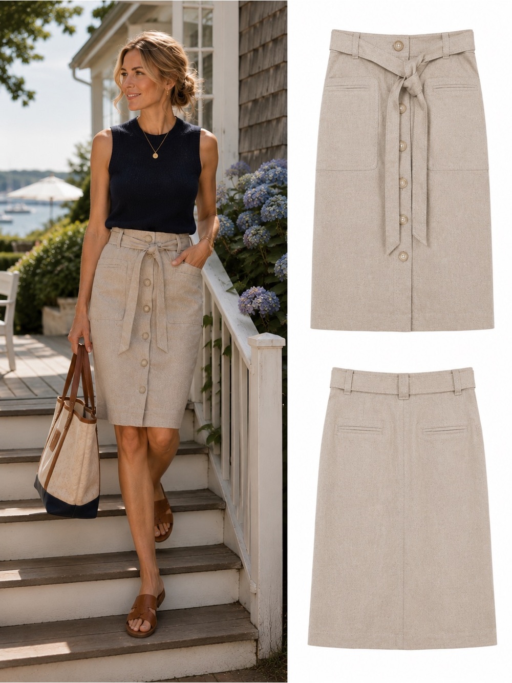 J.Crew Button Front Linen Blend Belted A-Line Skirt Oatmeal Beige Size 4